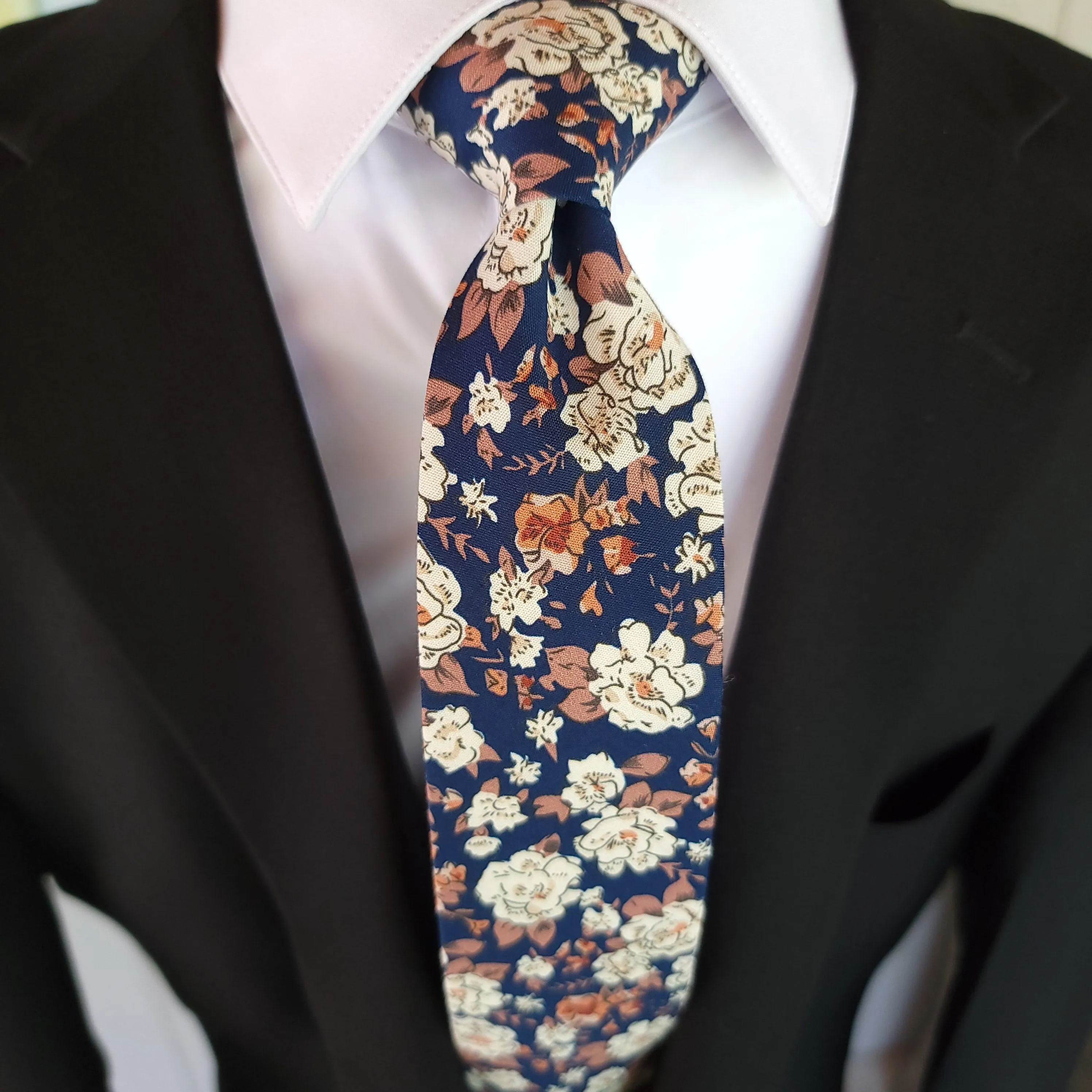 Floral Khaki Navy Blue Slim Tie