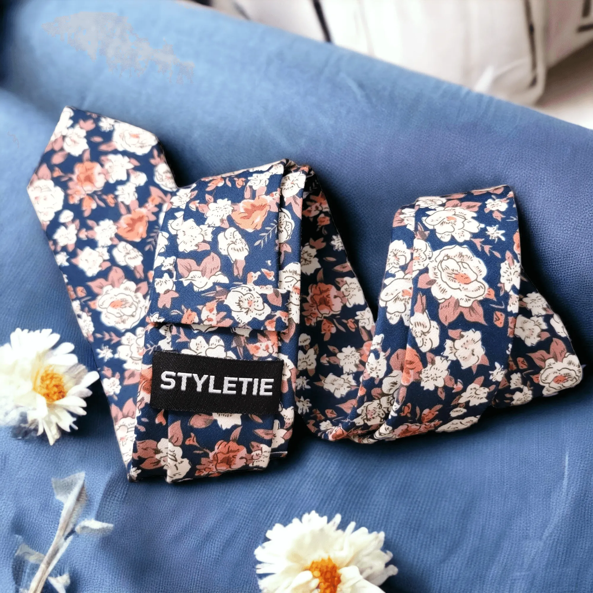 Floral Khaki Navy Blue Slim Tie