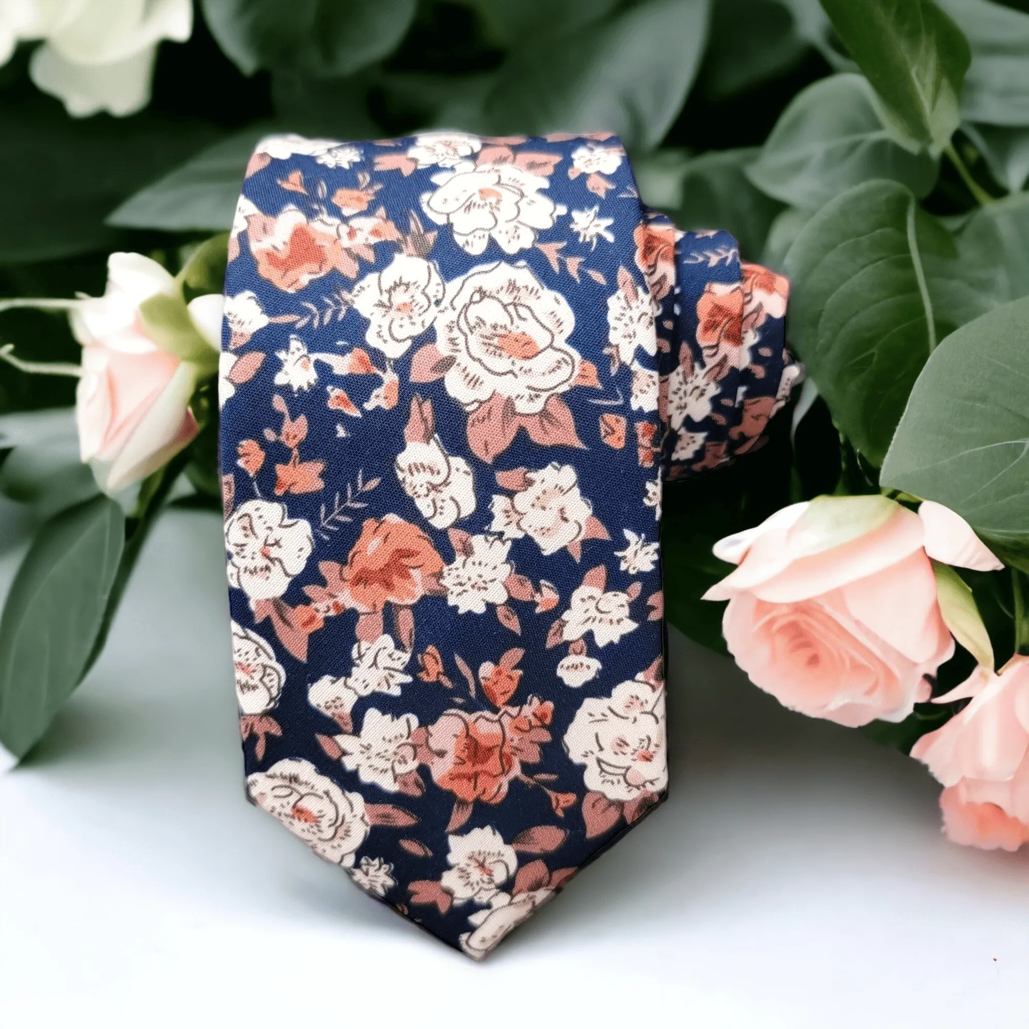 Floral Khaki Navy Blue Slim Tie