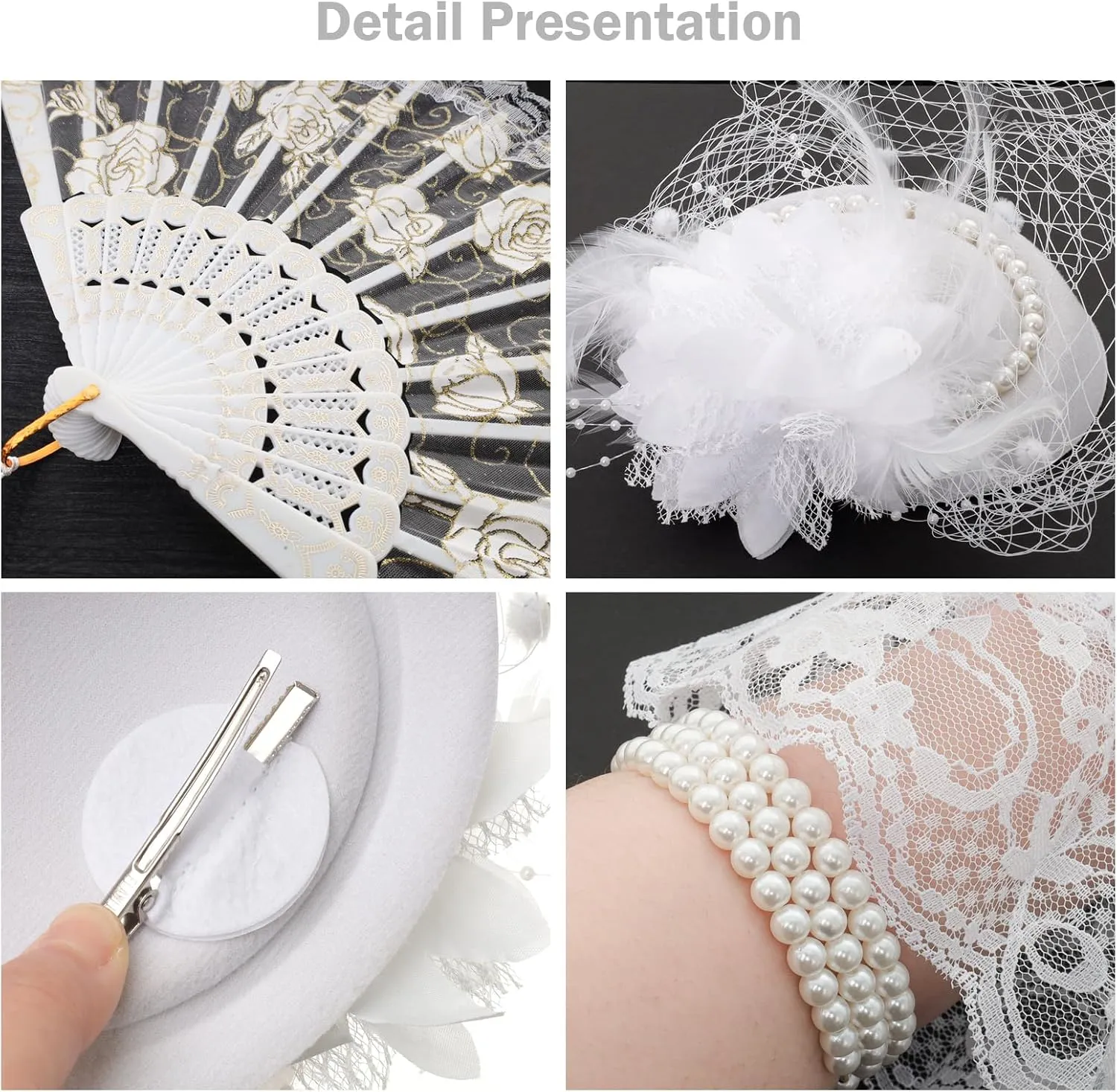Fumwase 5Pcs Tea Party Accessories Set for Women Tea Party Favors Kit Tea Party Gloves Hats Necklace Fan Bracelet