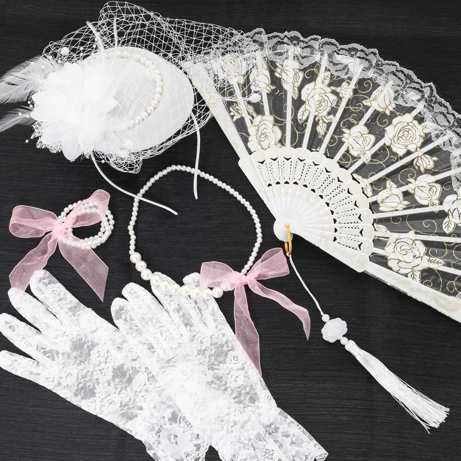 Fumwase 5Pcs Tea Party Accessories Set for Women Tea Party Favors Kit Tea Party Gloves Hats Necklace Fan Bracelet