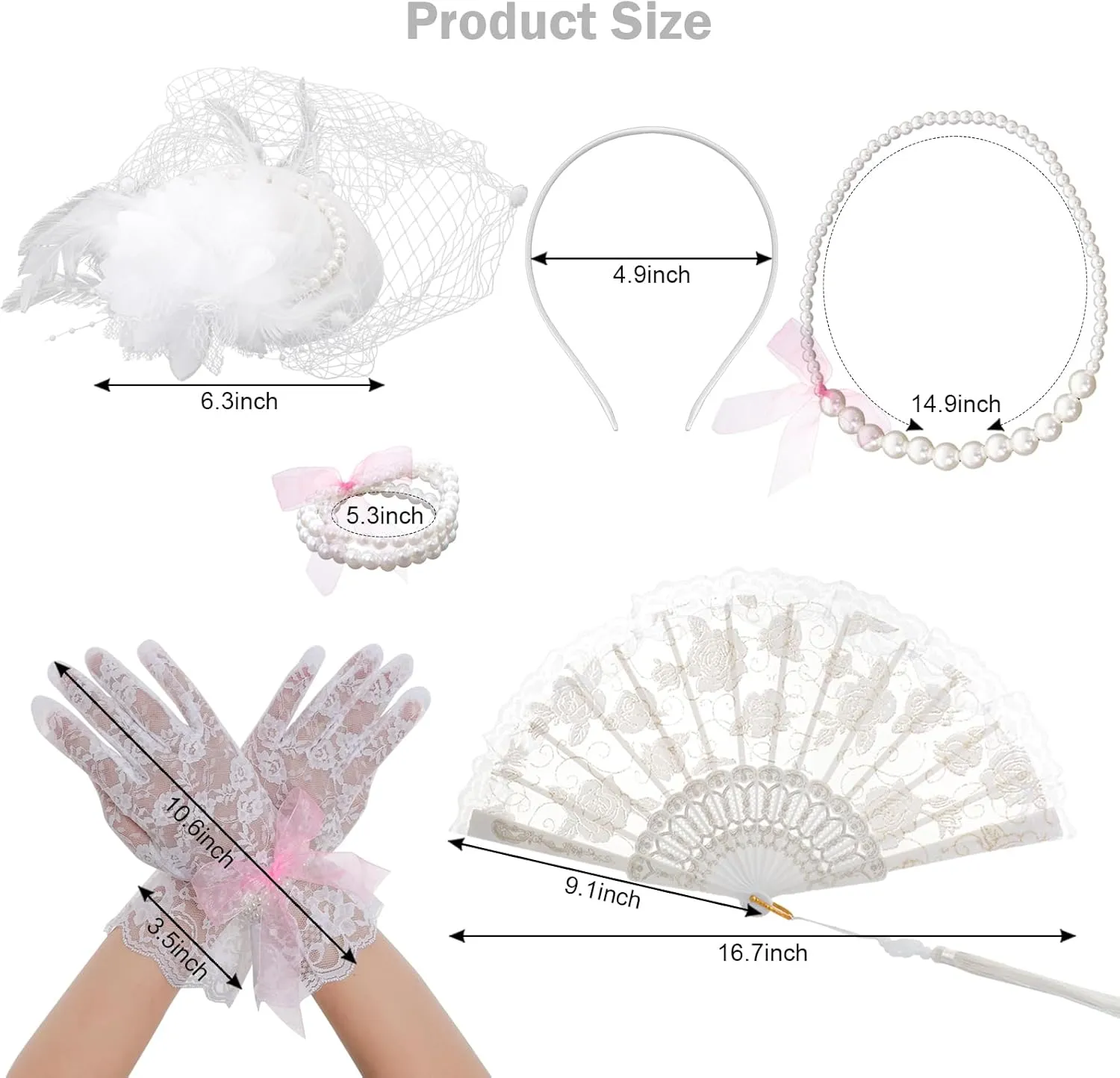 Fumwase 5Pcs Tea Party Accessories Set for Women Tea Party Favors Kit Tea Party Gloves Hats Necklace Fan Bracelet