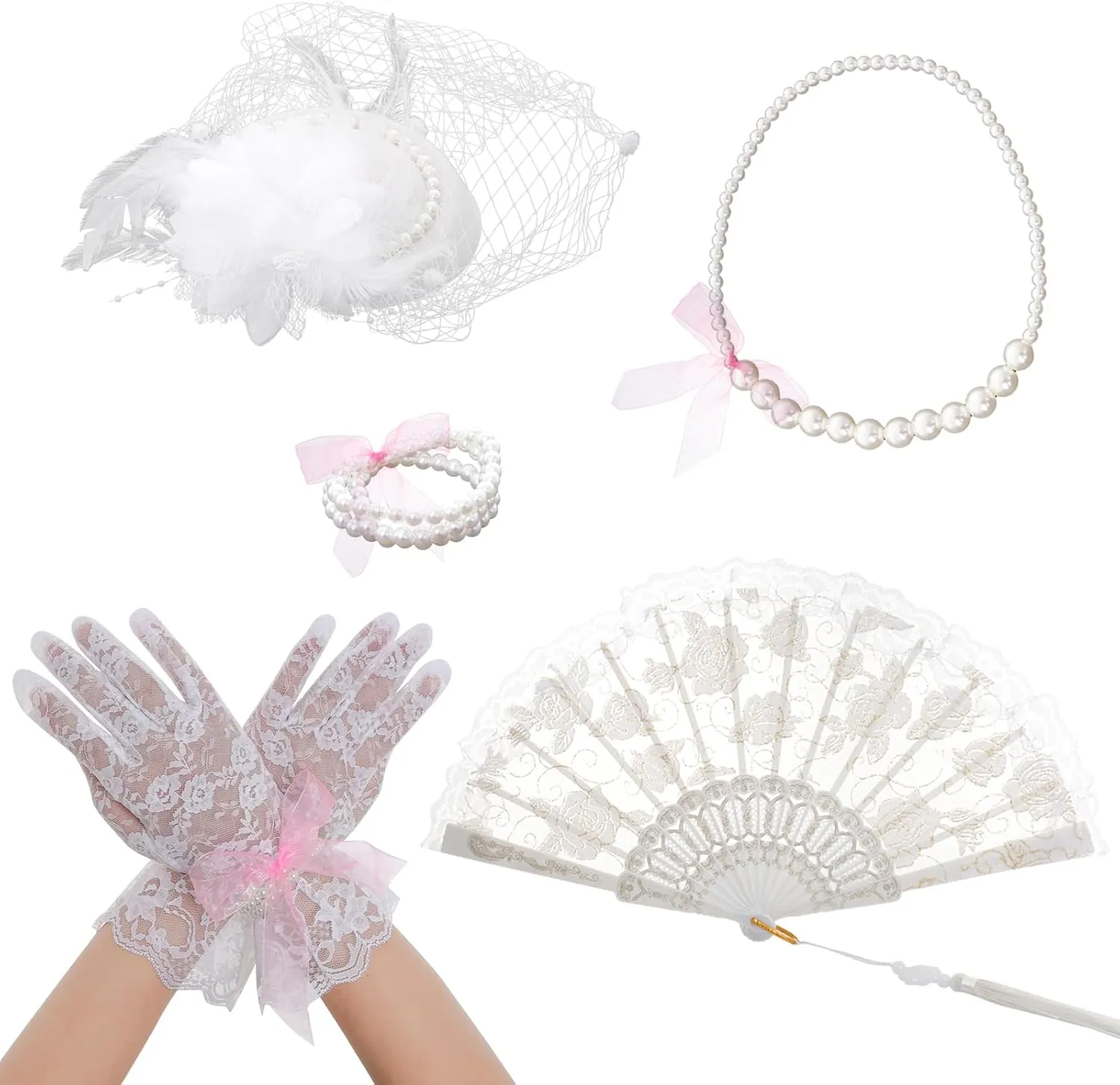 Fumwase 5Pcs Tea Party Accessories Set for Women Tea Party Favors Kit Tea Party Gloves Hats Necklace Fan Bracelet