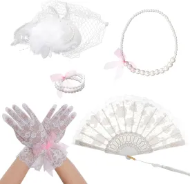 Fumwase 5Pcs Tea Party Accessories Set for Women Tea Party Favors Kit Tea Party Gloves Hats Necklace Fan Bracelet