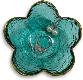 Glass Floral Jewelry Tray, Ring Dish, Trinket Organizer for Rings, Earrings, Necklaces, Bracelets, Gift for Women (Crystal Green)