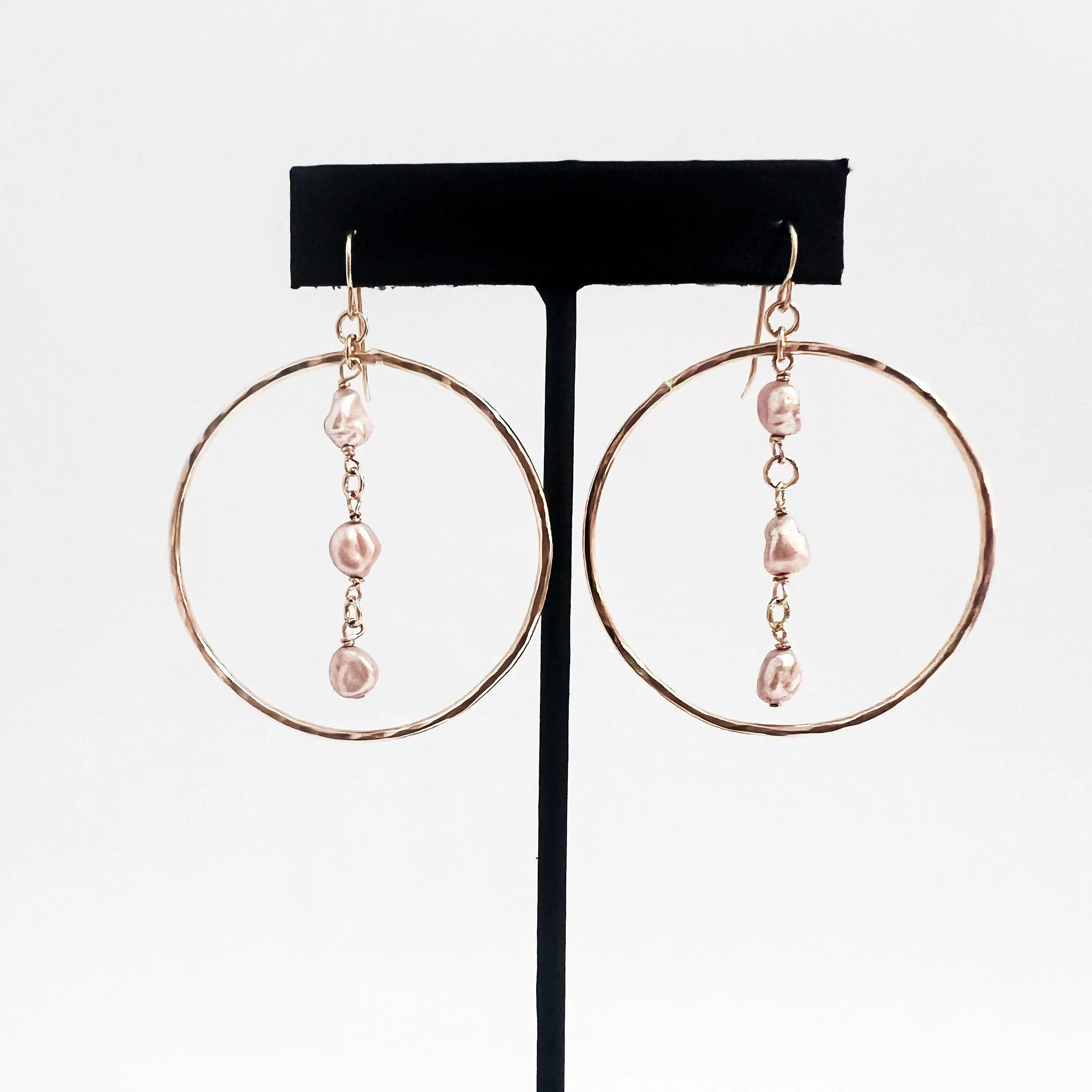 Gold Fill Pearl Drop Hammered Hoop Earrings