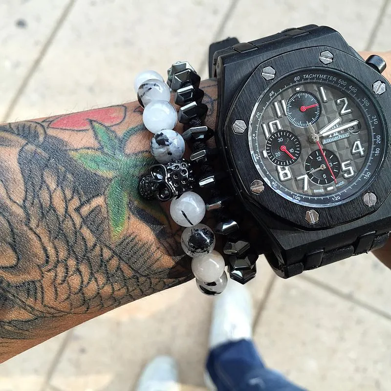 Goshenite Vanilla Haze Beaded Skull Bracelet