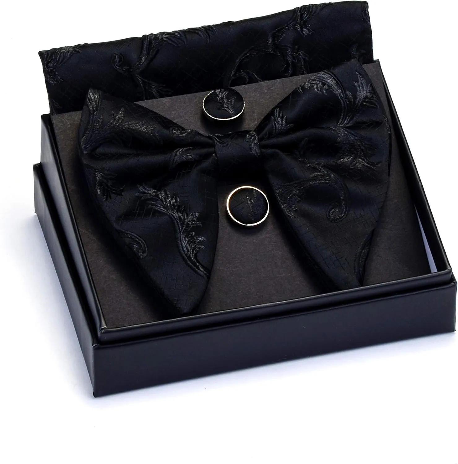 GUSLESON Fashion Floral Adjustable Pre-tied Big Bow Tie and Pocket Square Cufflink Set with Box