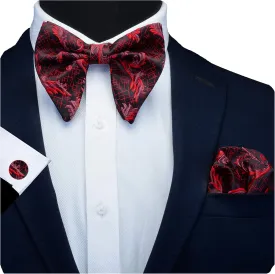 GUSLESON Fashion Floral Adjustable Pre-tied Big Bow Tie and Pocket Square Cufflink Set with Box