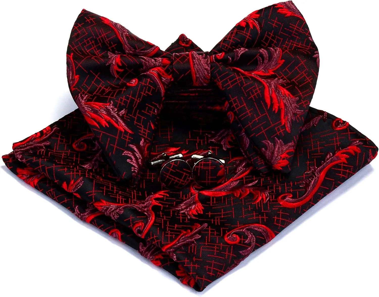 GUSLESON Fashion Floral Adjustable Pre-tied Big Bow Tie and Pocket Square Cufflink Set with Box