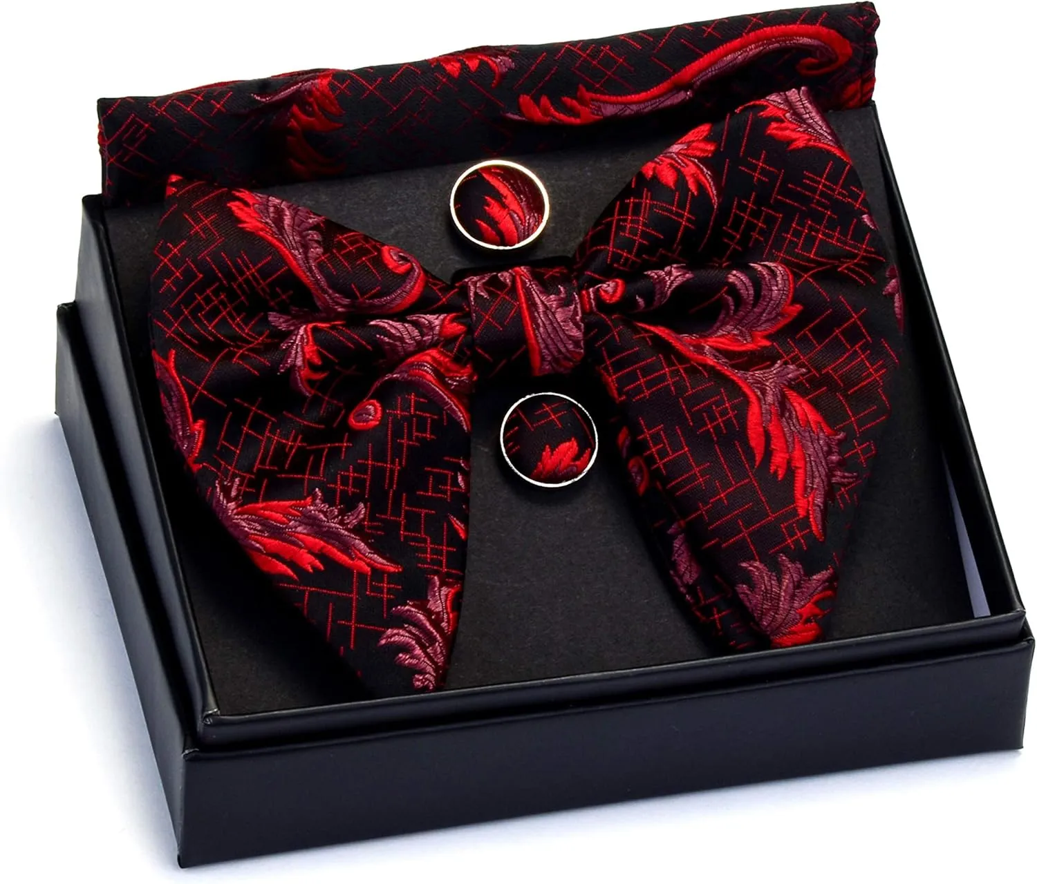 GUSLESON Fashion Floral Adjustable Pre-tied Big Bow Tie and Pocket Square Cufflink Set with Box