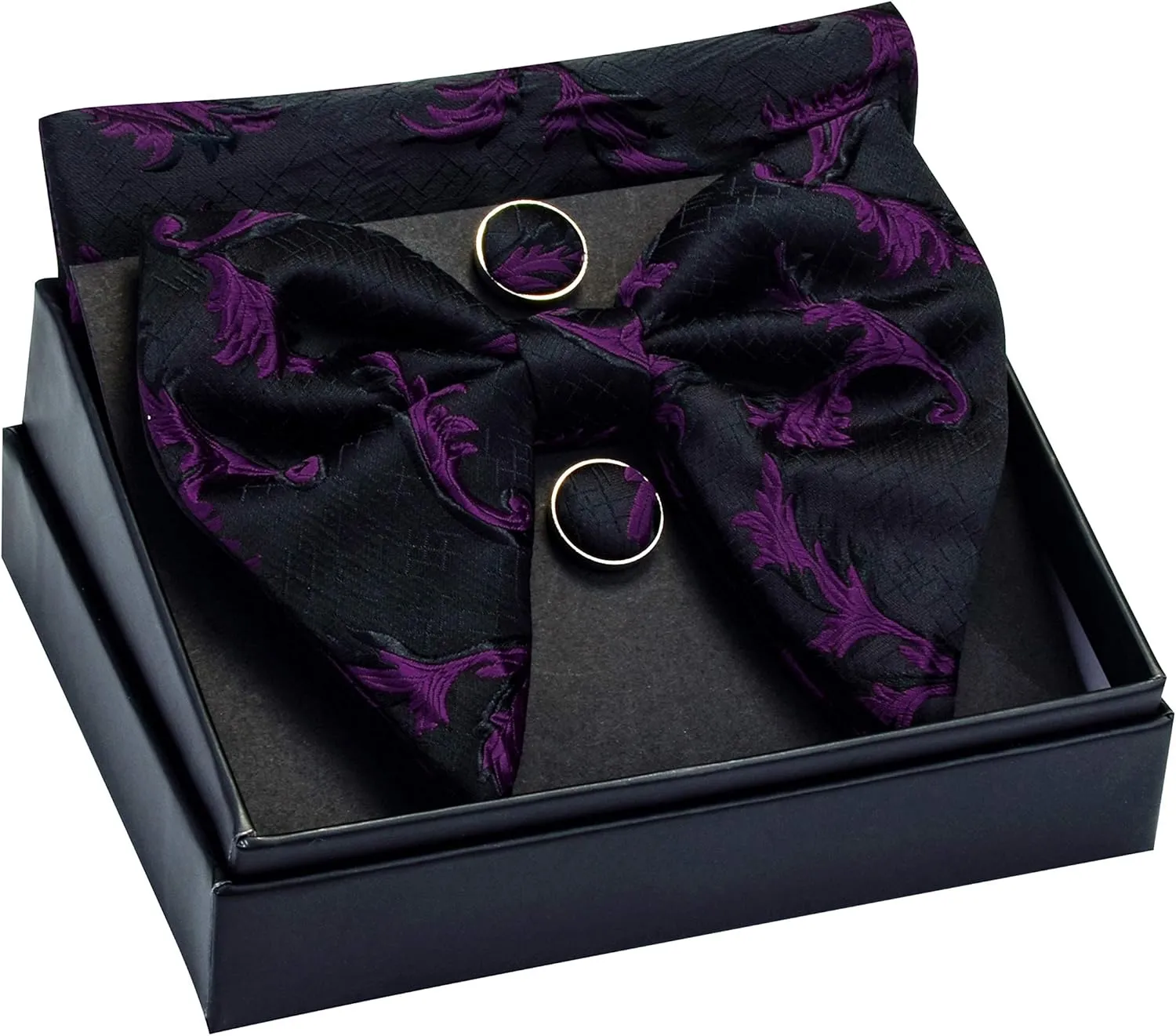 GUSLESON Fashion Floral Adjustable Pre-tied Big Bow Tie and Pocket Square Cufflink Set with Box