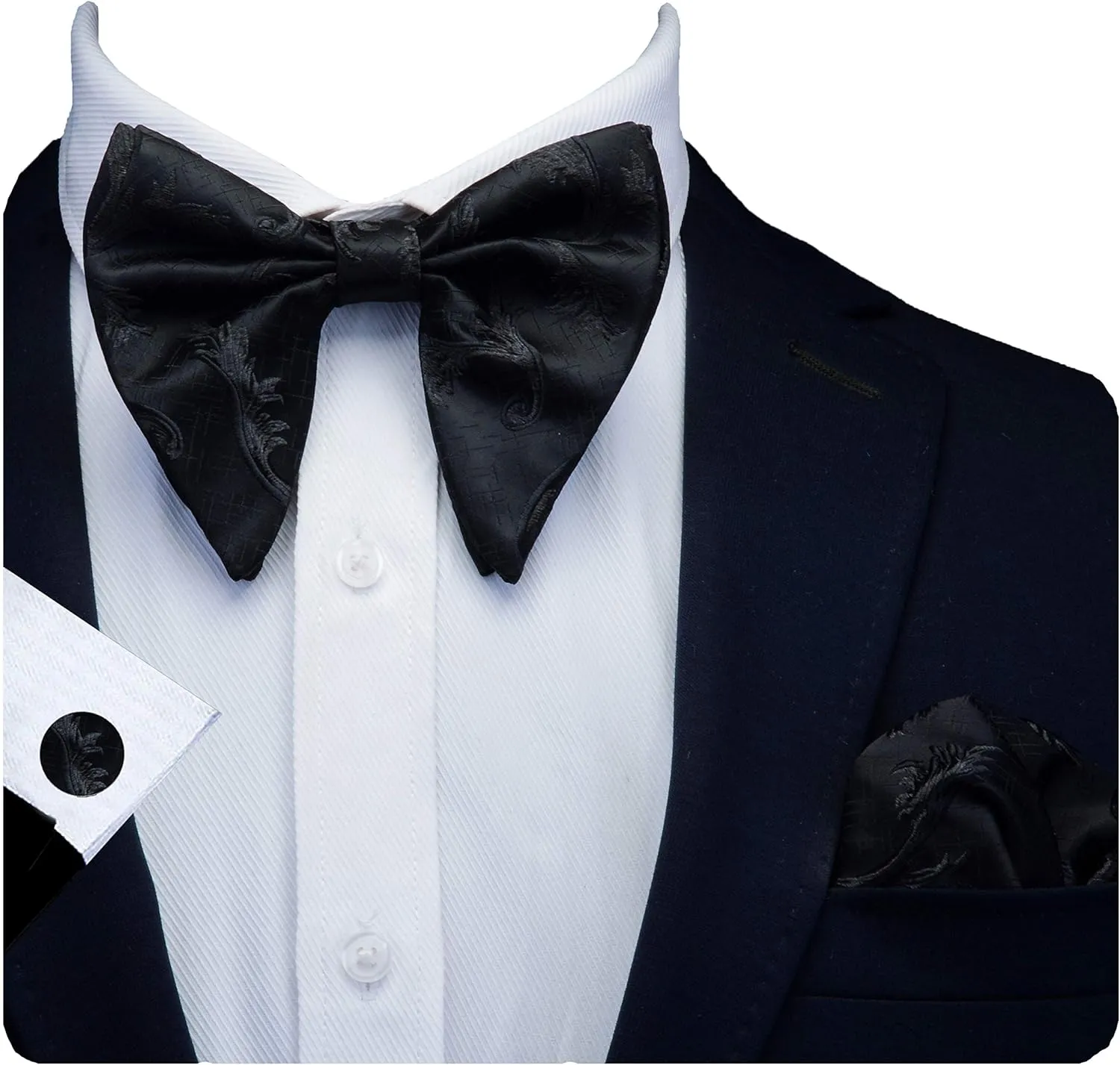 GUSLESON Fashion Floral Adjustable Pre-tied Big Bow Tie and Pocket Square Cufflink Set with Box