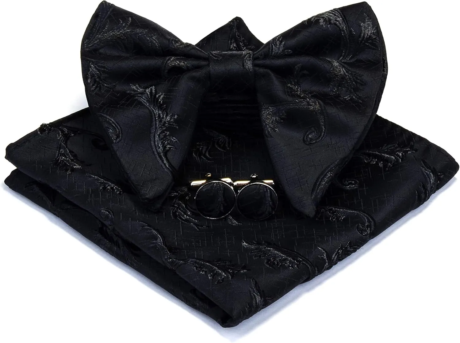 GUSLESON Fashion Floral Adjustable Pre-tied Big Bow Tie and Pocket Square Cufflink Set with Box