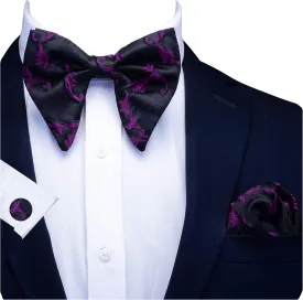 GUSLESON Fashion Floral Adjustable Pre-tied Big Bow Tie and Pocket Square Cufflink Set with Box