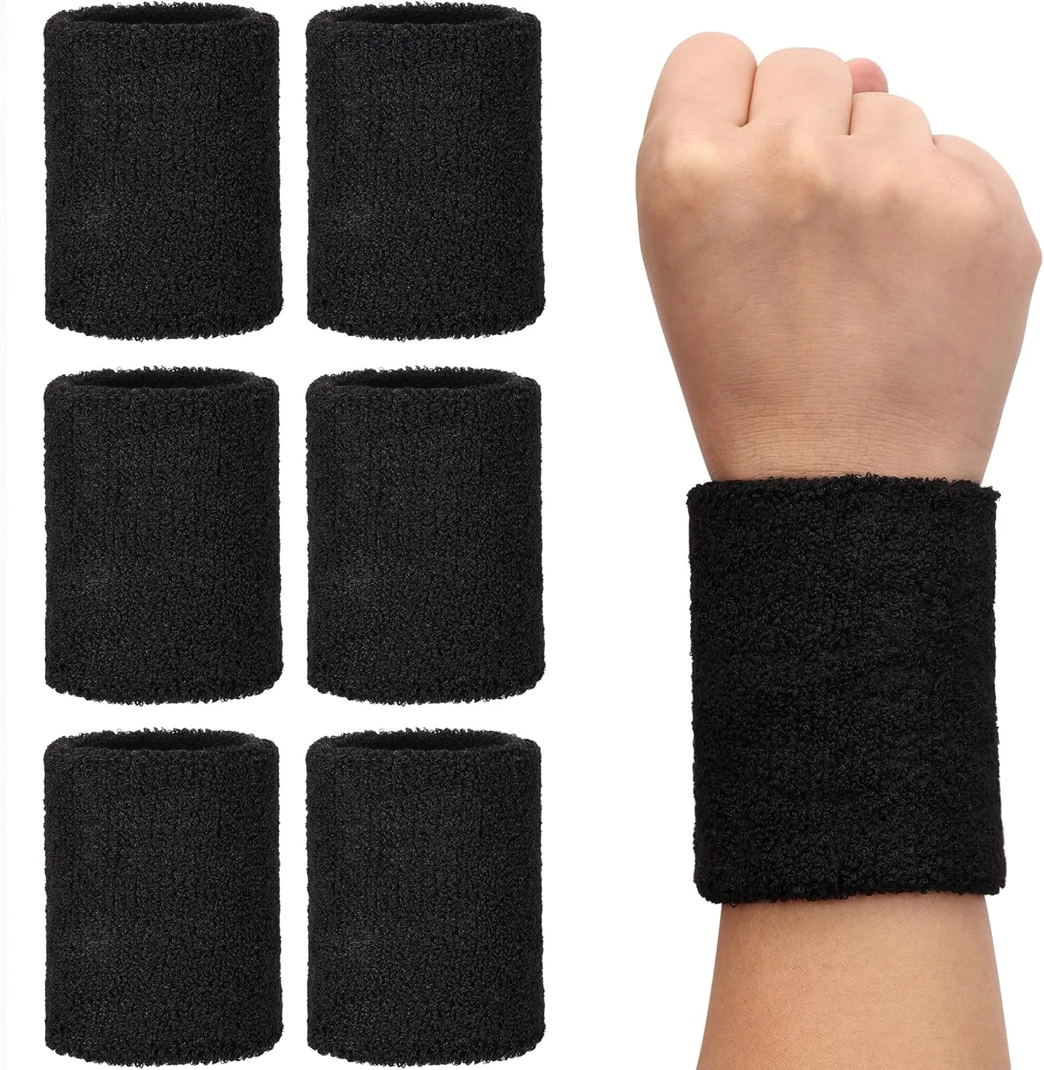 H&S Absorbent Wrist Sweatbands, 6Pcs Tennis Sweat Bands for Gym & Running - Black Moisture Wicking Wristbands for Exercise - Weight Lifting Sweat Band Men & Women, One Size fits all, Easy to Wash