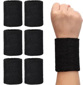 H&S Absorbent Wrist Sweatbands, 6Pcs Tennis Sweat Bands for Gym & Running - Black Moisture Wicking Wristbands for Exercise - Weight Lifting Sweat Band Men & Women, One Size fits all, Easy to Wash