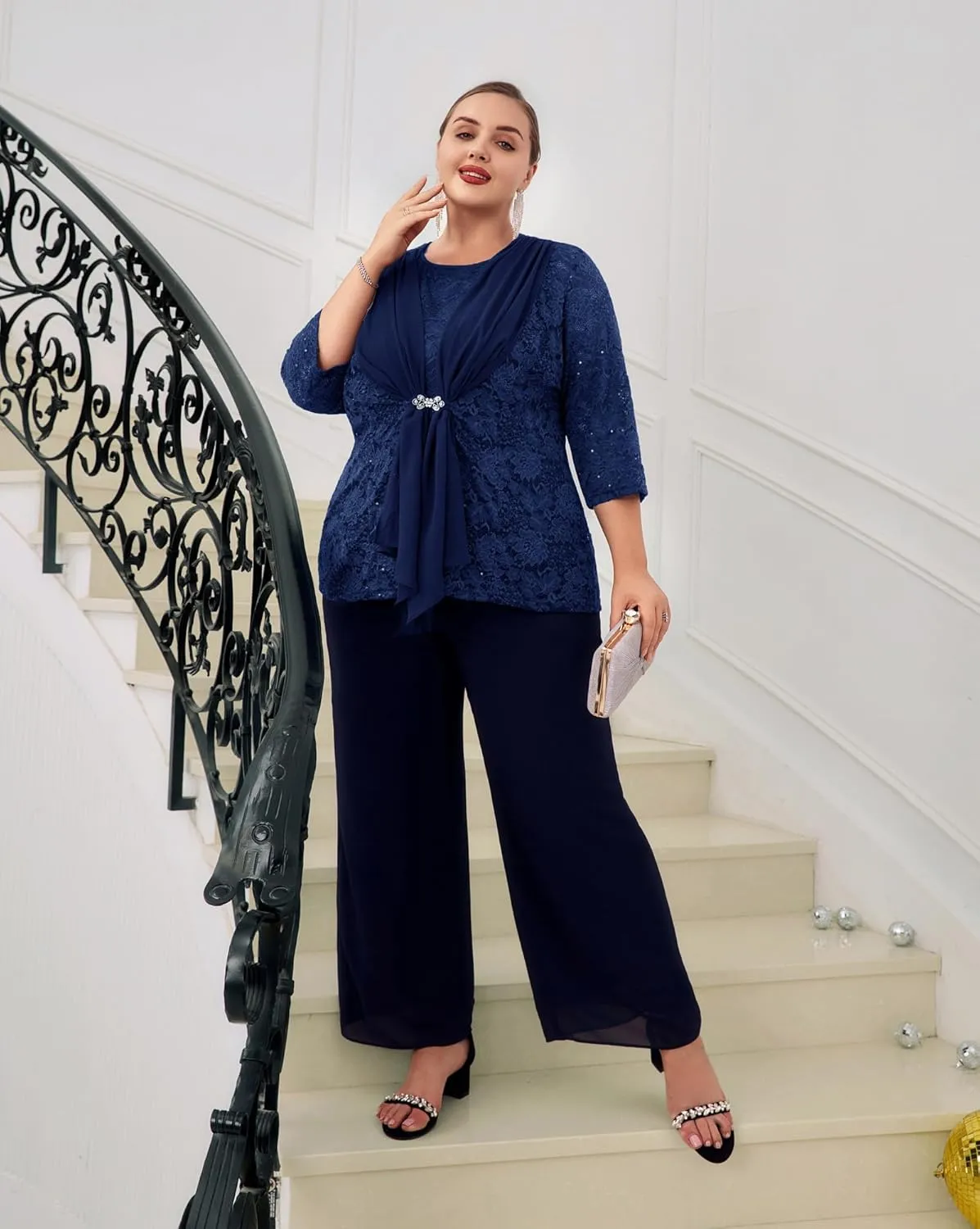 Hanna Nikole Women Plus Size Outfits Lace Tank Tops Sequin Cardigan 2 Pcs Sets for Wedding Guest