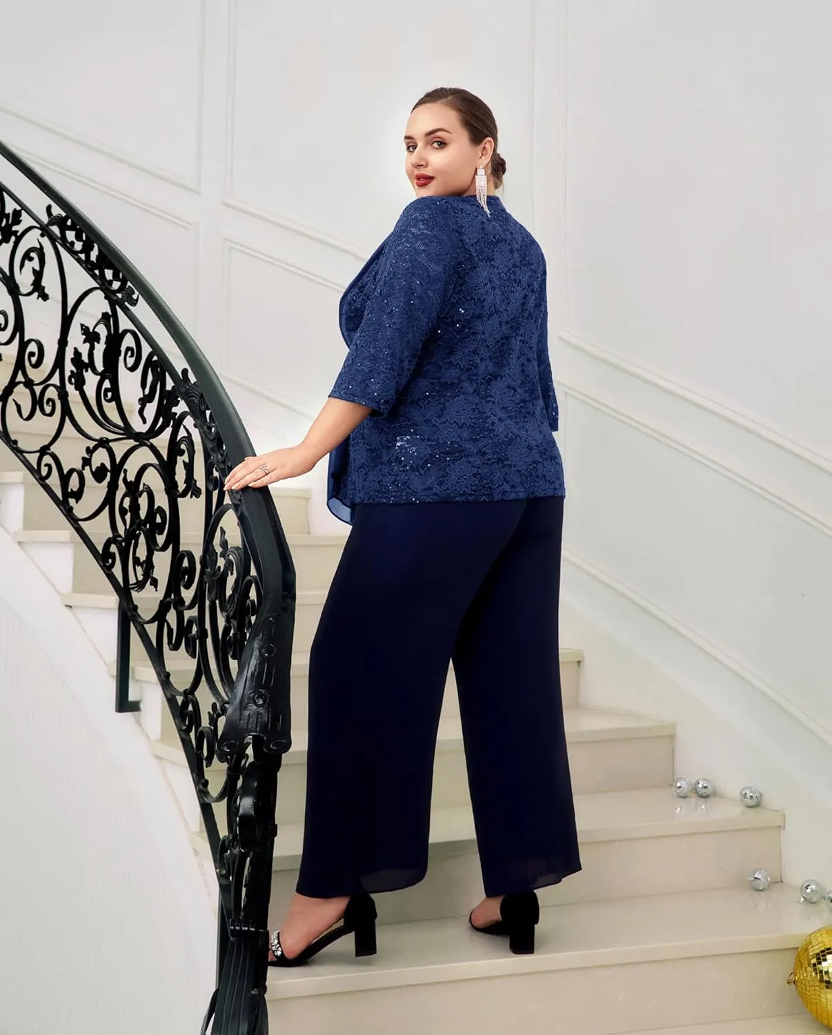 Hanna Nikole Women Plus Size Outfits Lace Tank Tops Sequin Cardigan 2 Pcs Sets for Wedding Guest
