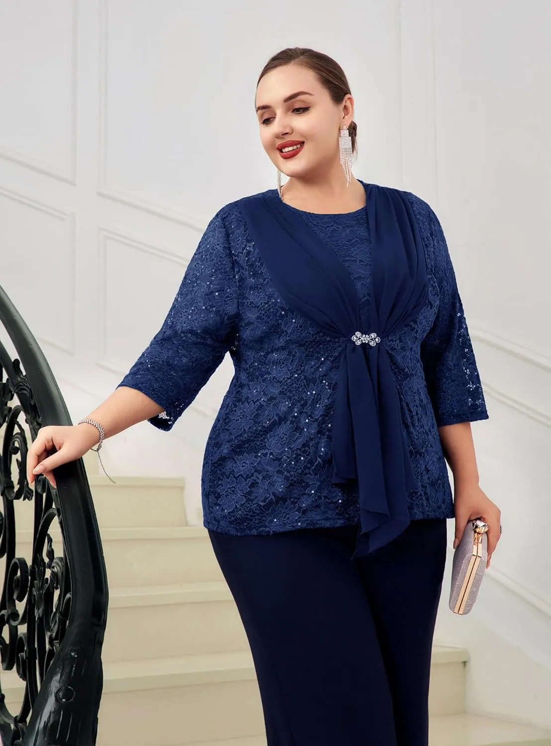 Hanna Nikole Women Plus Size Outfits Lace Tank Tops Sequin Cardigan 2 Pcs Sets for Wedding Guest
