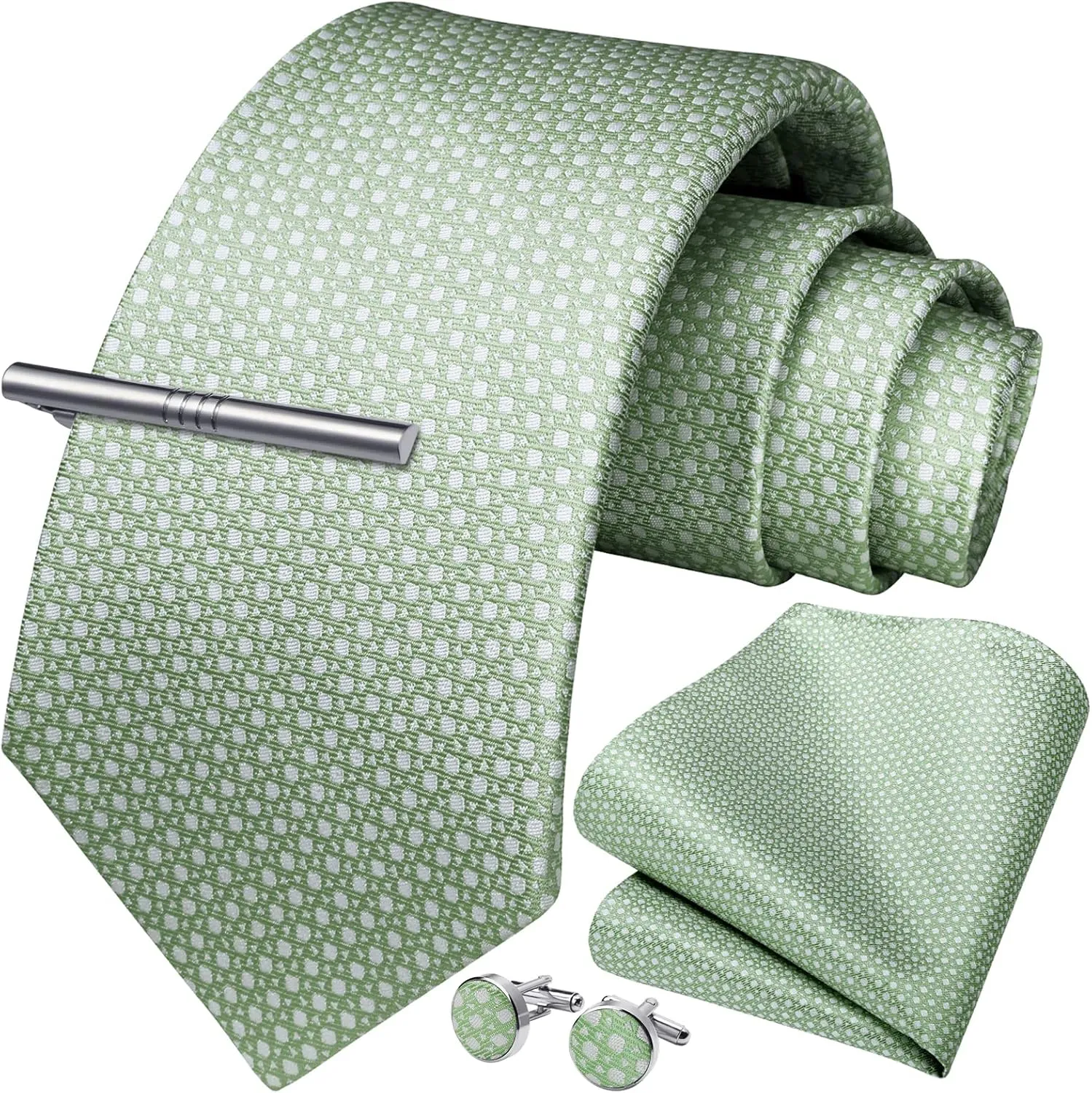 HISDERN Plaid Ties for Men Classic Checkered Tie and Pocket Square Cufflinks Tie Clip Set Woven Men's Necktie Business