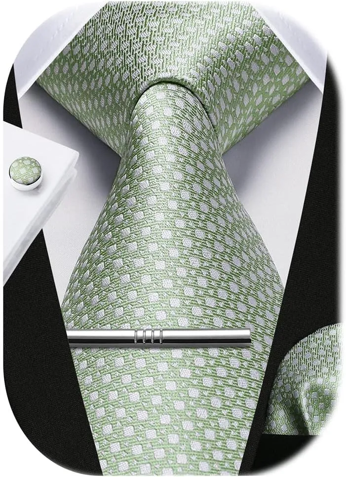 HISDERN Plaid Ties for Men Classic Checkered Tie and Pocket Square Cufflinks Tie Clip Set Woven Men's Necktie Business