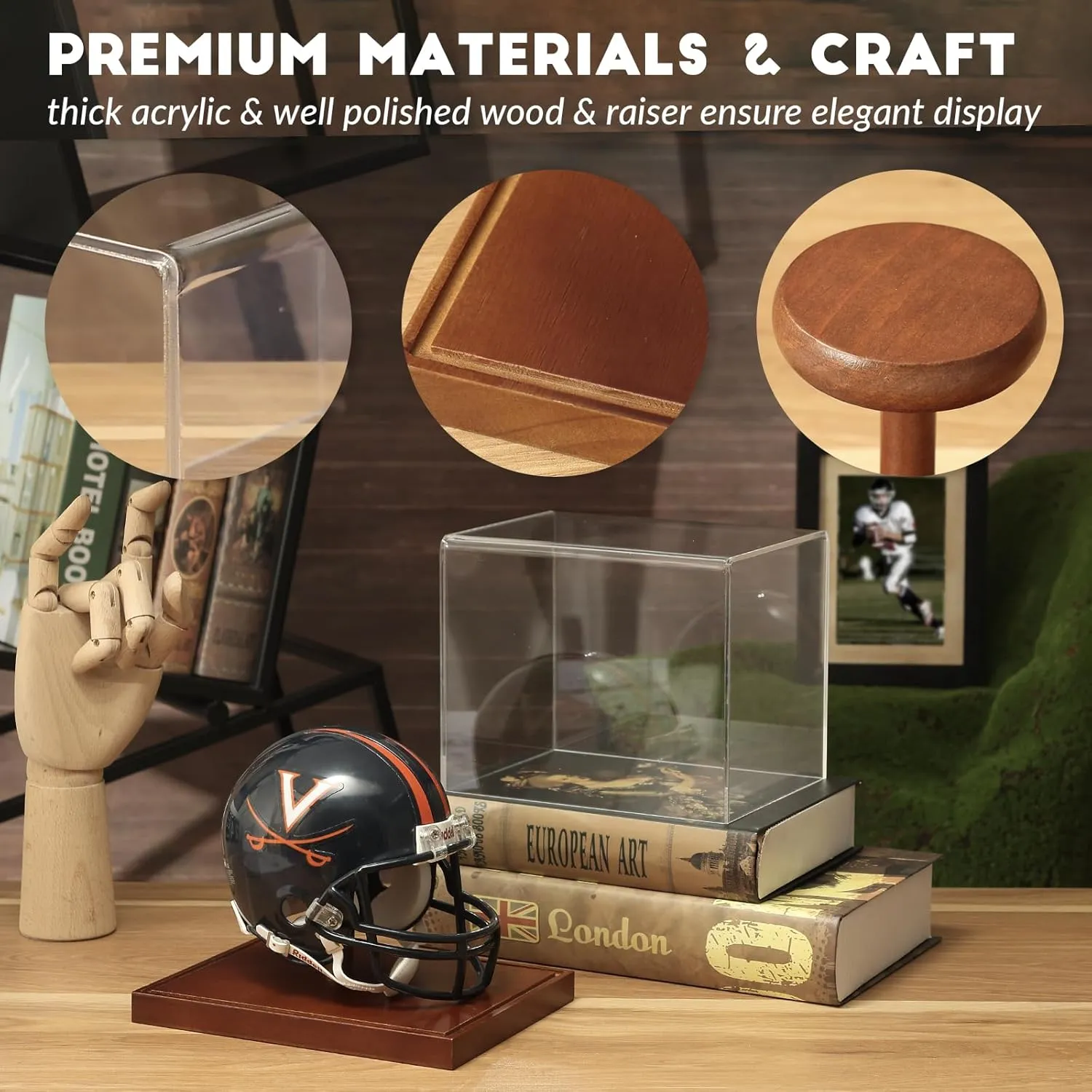 JupDec Mini Helmet Display Case, Acrylic Clear 1/2 Football Baseball Helmet Showcase, UV Protection Souvenirs and Collectibles Box with Solid Wood Base & Riser, Ideal Gift for Sports Enthusiast