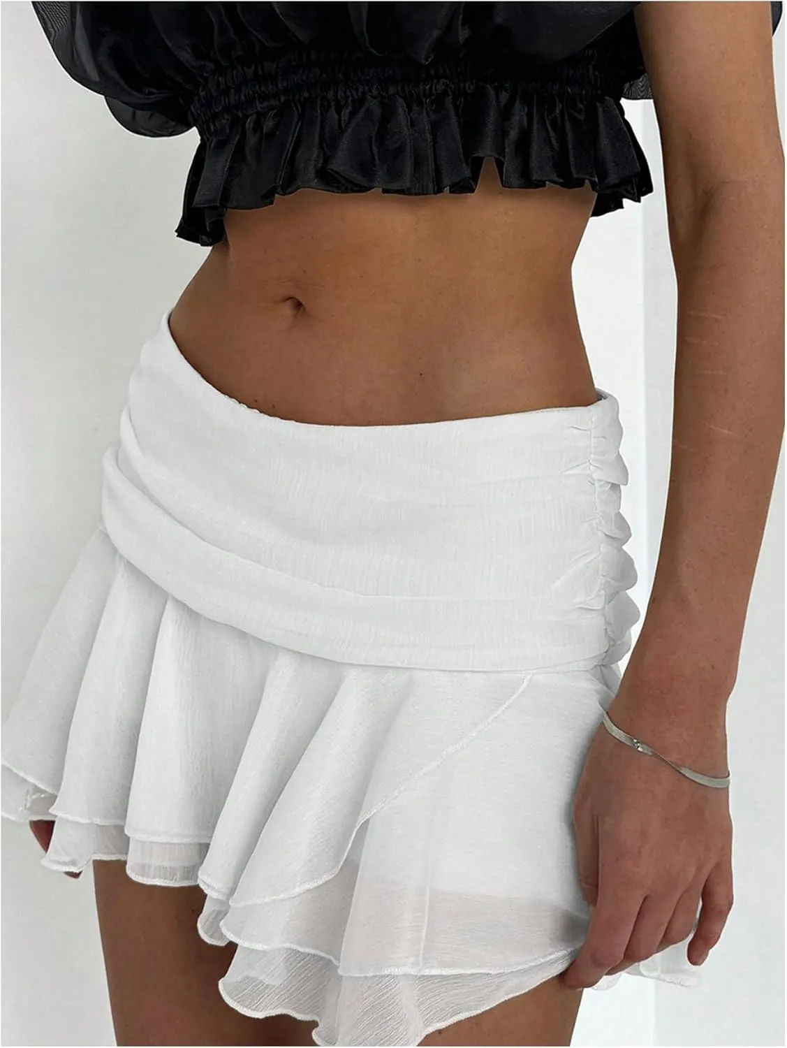 MakeMeChic Women's Tiered Layer Ruched Mesh Sheer Flared Ruffle Hem Summer Y2K Mini Skirts