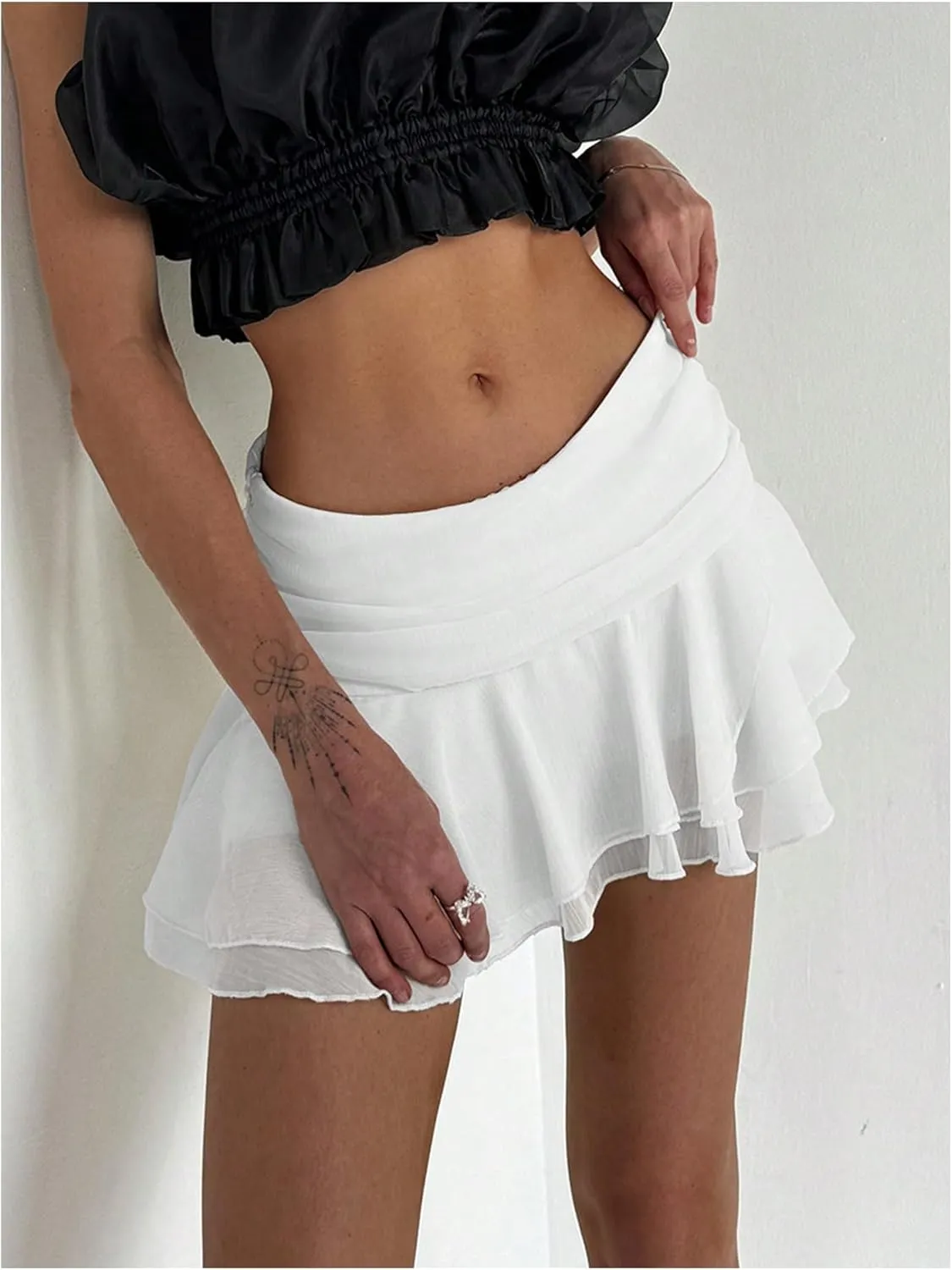 MakeMeChic Women's Tiered Layer Ruched Mesh Sheer Flared Ruffle Hem Summer Y2K Mini Skirts
