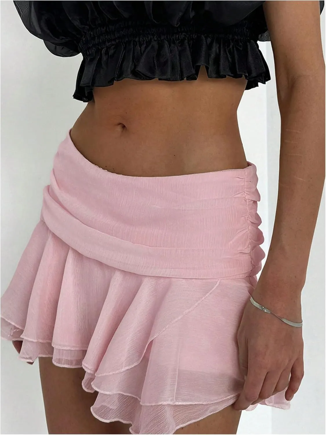 MakeMeChic Women's Tiered Layer Ruched Mesh Sheer Flared Ruffle Hem Summer Y2K Mini Skirts