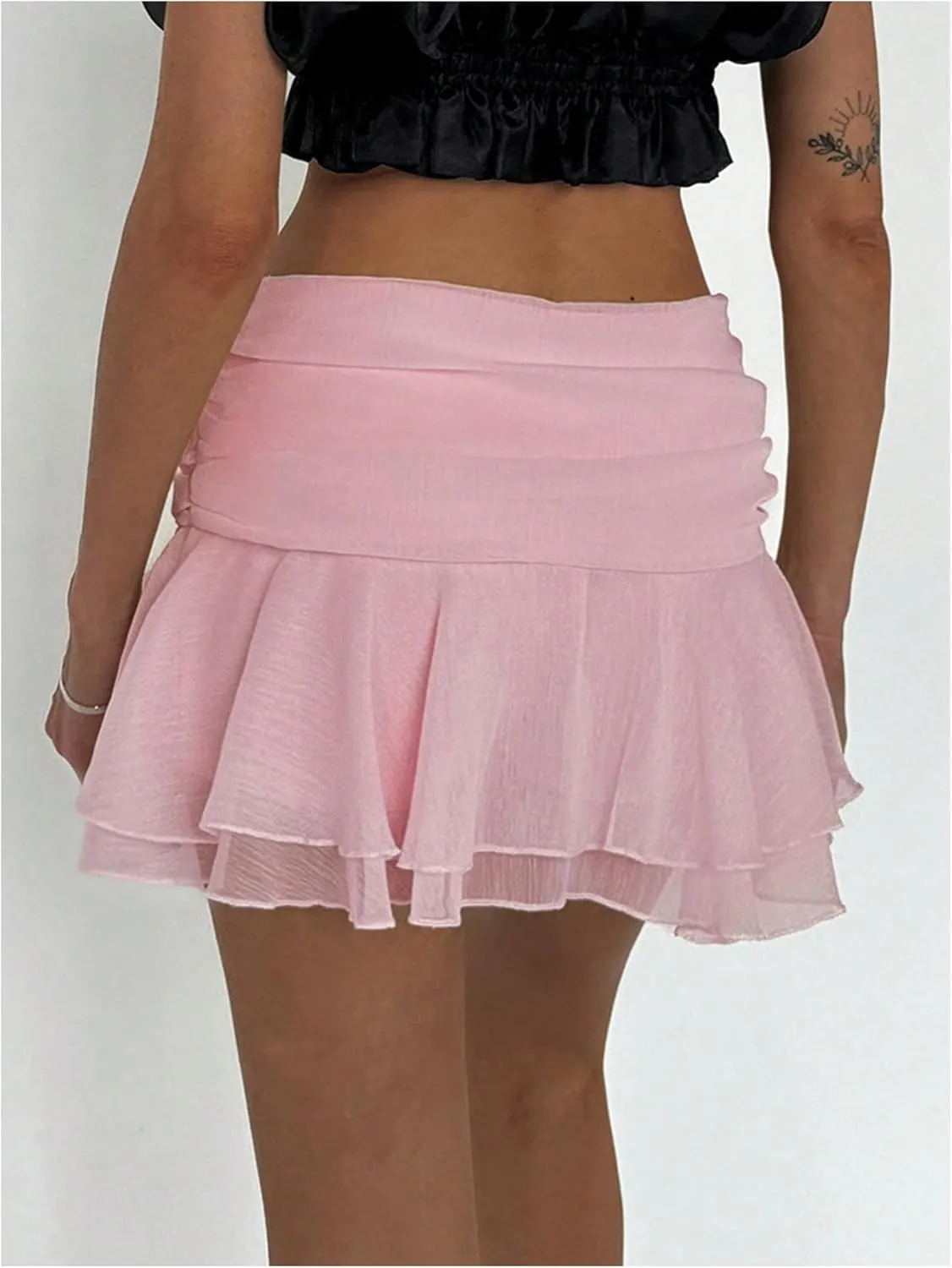 MakeMeChic Women's Tiered Layer Ruched Mesh Sheer Flared Ruffle Hem Summer Y2K Mini Skirts