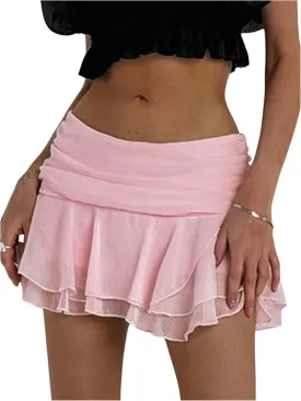 MakeMeChic Women's Tiered Layer Ruched Mesh Sheer Flared Ruffle Hem Summer Y2K Mini Skirts