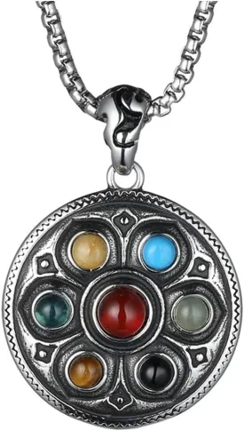 Men's Stainless Steel Vintage Gothic Buddhist Tibetan Lotus 7 Chakra Gemstone Pendant Necklace