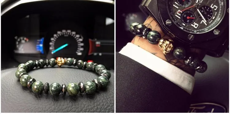 Natural Malachite &amp Chipped Hematite Gold Buddha Bracelet