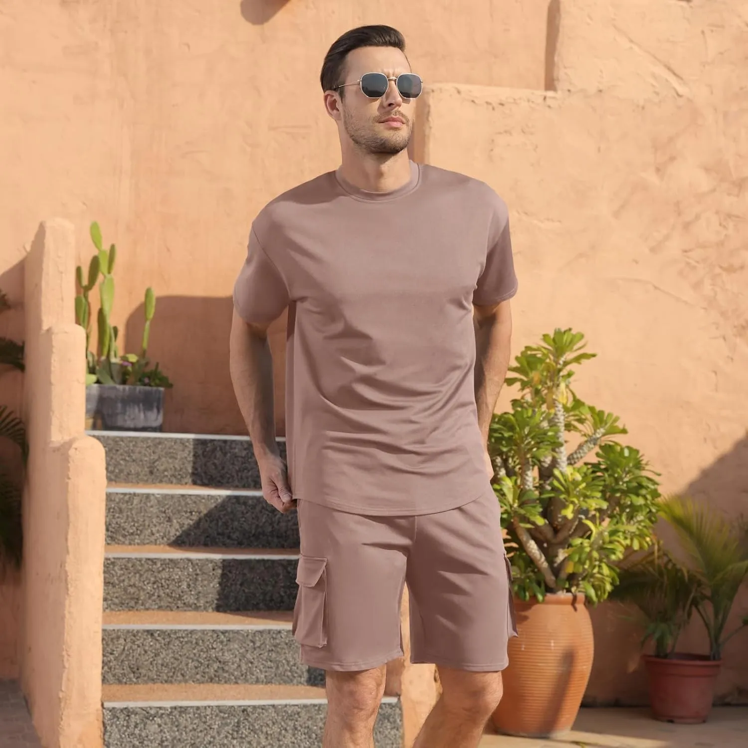 Opomelo Mens Short Sets 2 Piece Outfits - Casual Summer Short Sleeve Sweatsuits Sets for Men with Cargo Pocket