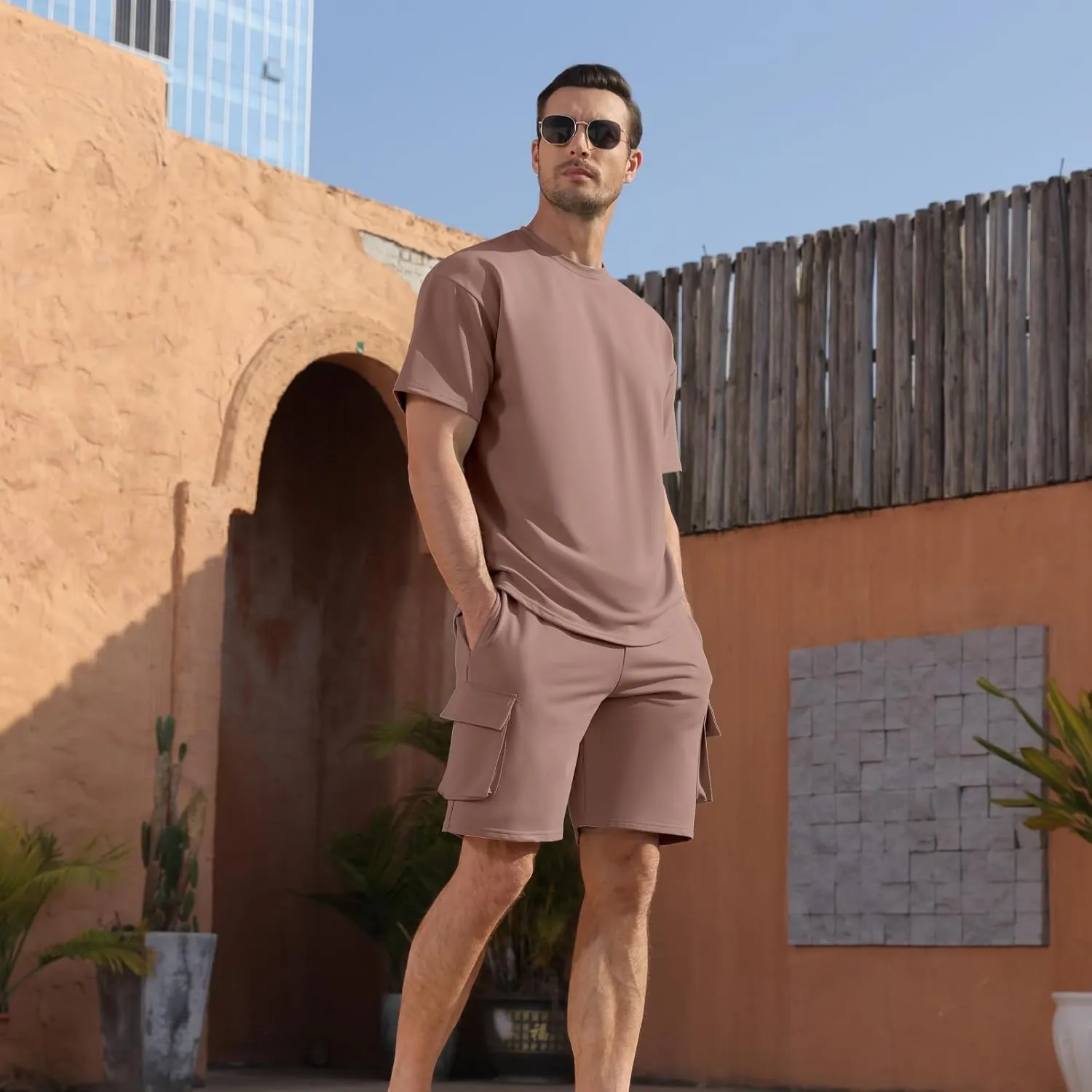 Opomelo Mens Short Sets 2 Piece Outfits - Casual Summer Short Sleeve Sweatsuits Sets for Men with Cargo Pocket
