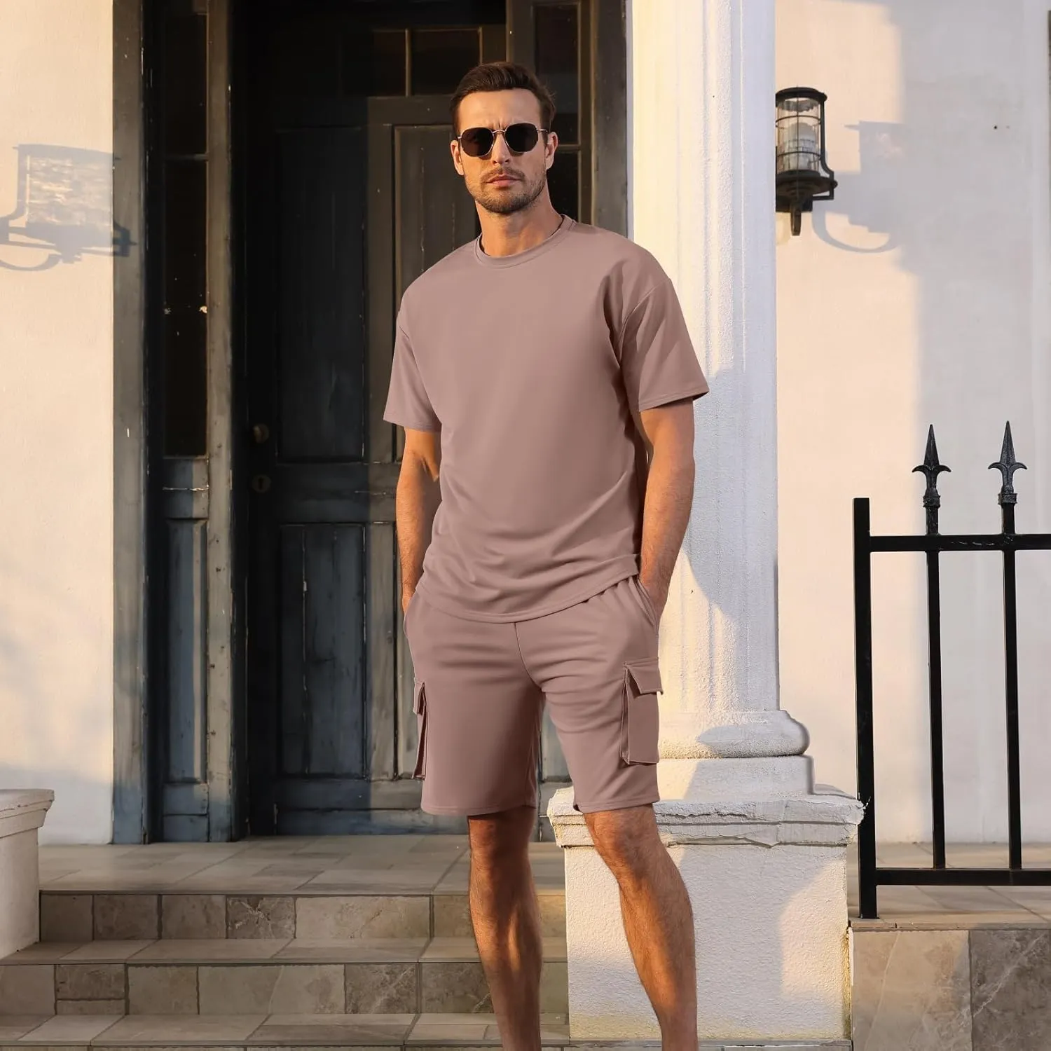 Opomelo Mens Short Sets 2 Piece Outfits - Casual Summer Short Sleeve Sweatsuits Sets for Men with Cargo Pocket