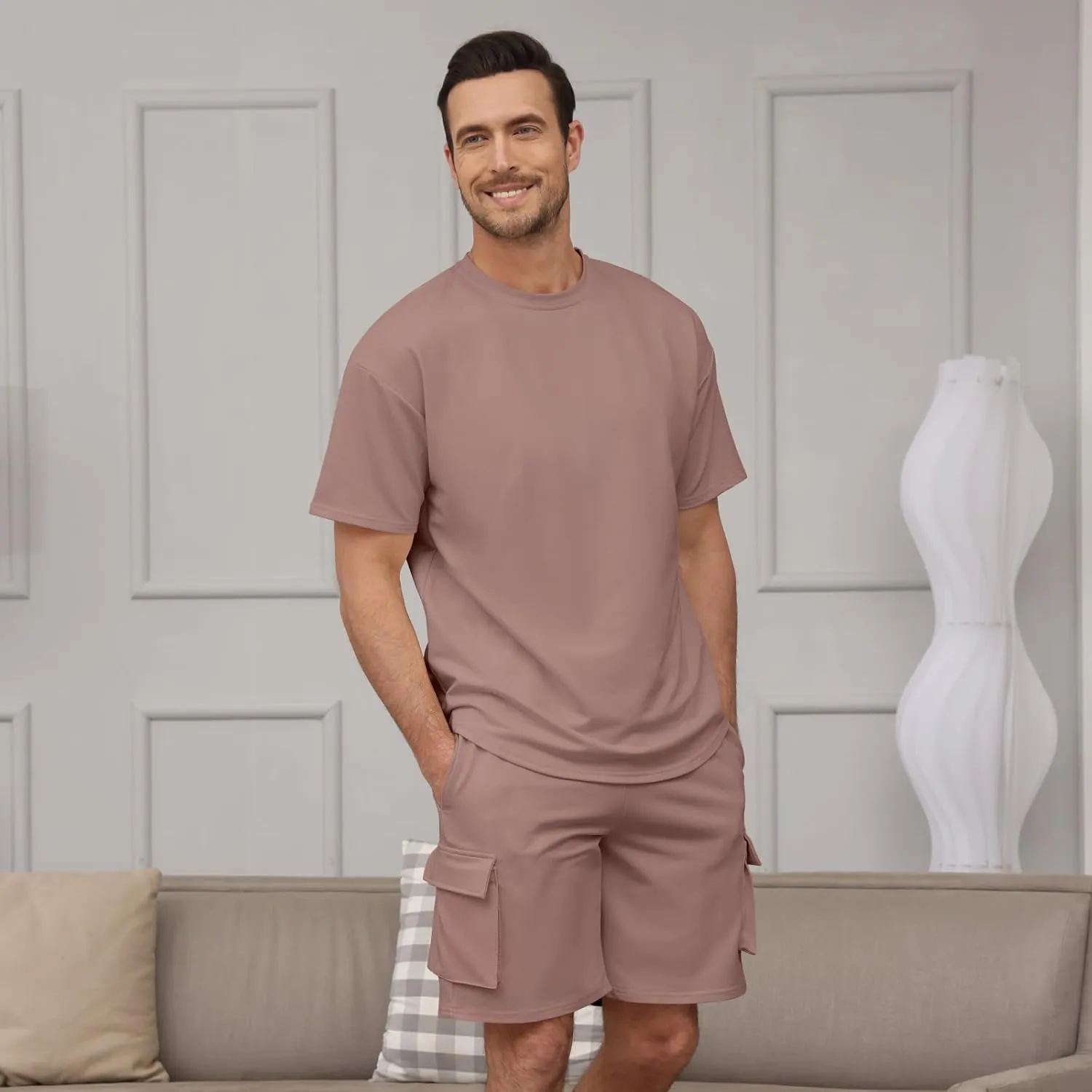Opomelo Mens Short Sets 2 Piece Outfits - Casual Summer Short Sleeve Sweatsuits Sets for Men with Cargo Pocket