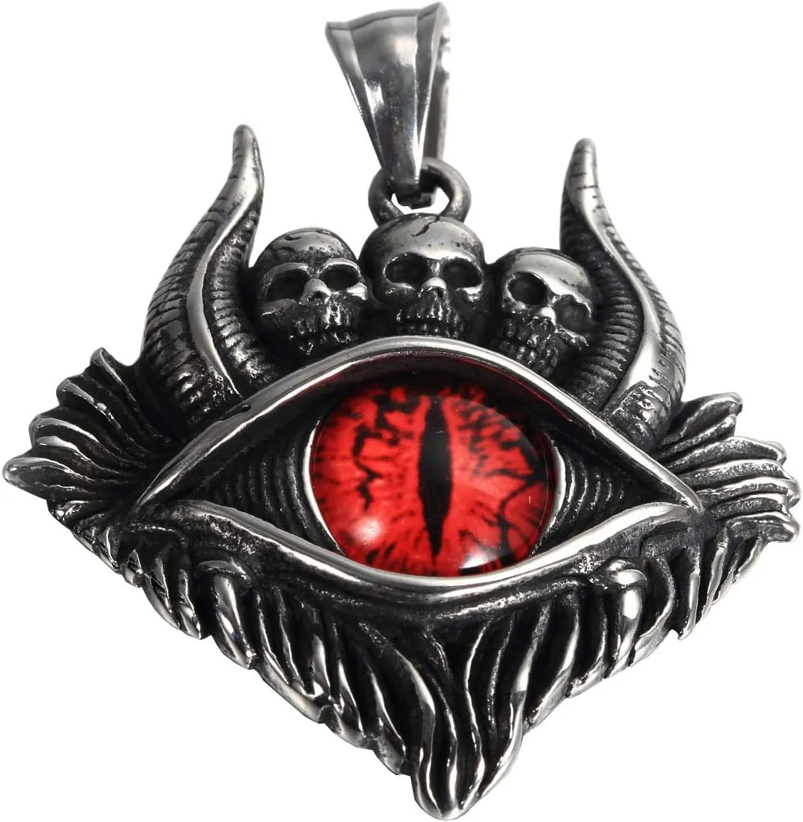 PAMTIER Men's Stainless Steel Vintage Evil Eye Demon Skull Head Oxhorn Pendant Necklace