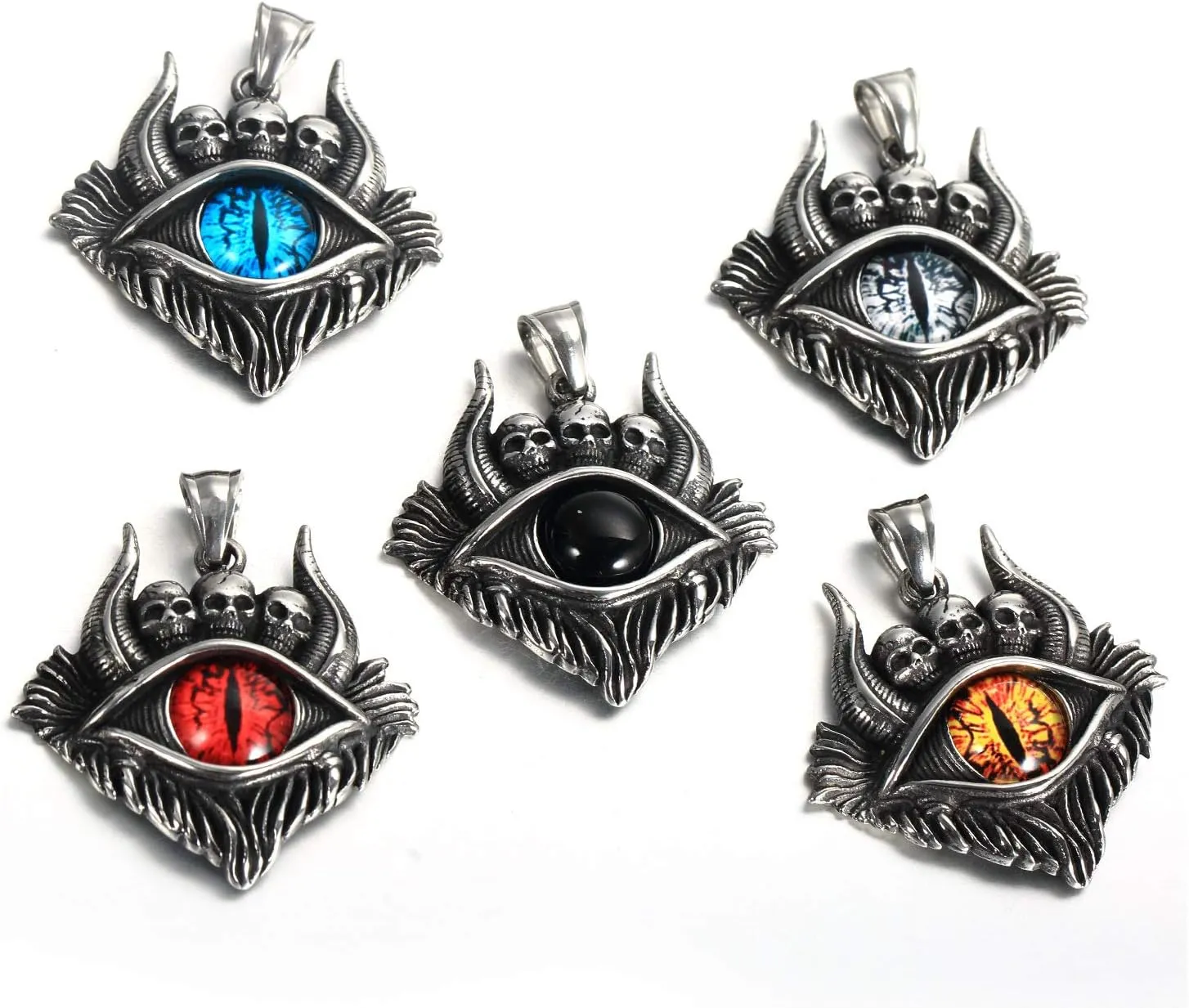 PAMTIER Men's Stainless Steel Vintage Evil Eye Demon Skull Head Oxhorn Pendant Necklace