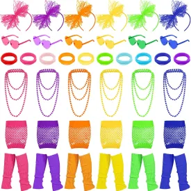 Panitay 130 Pcs 80s Costume Accessories Set Gloves Headband Necklace Sunglasses Leg Warmers Bracelets Halloween Outfit Women