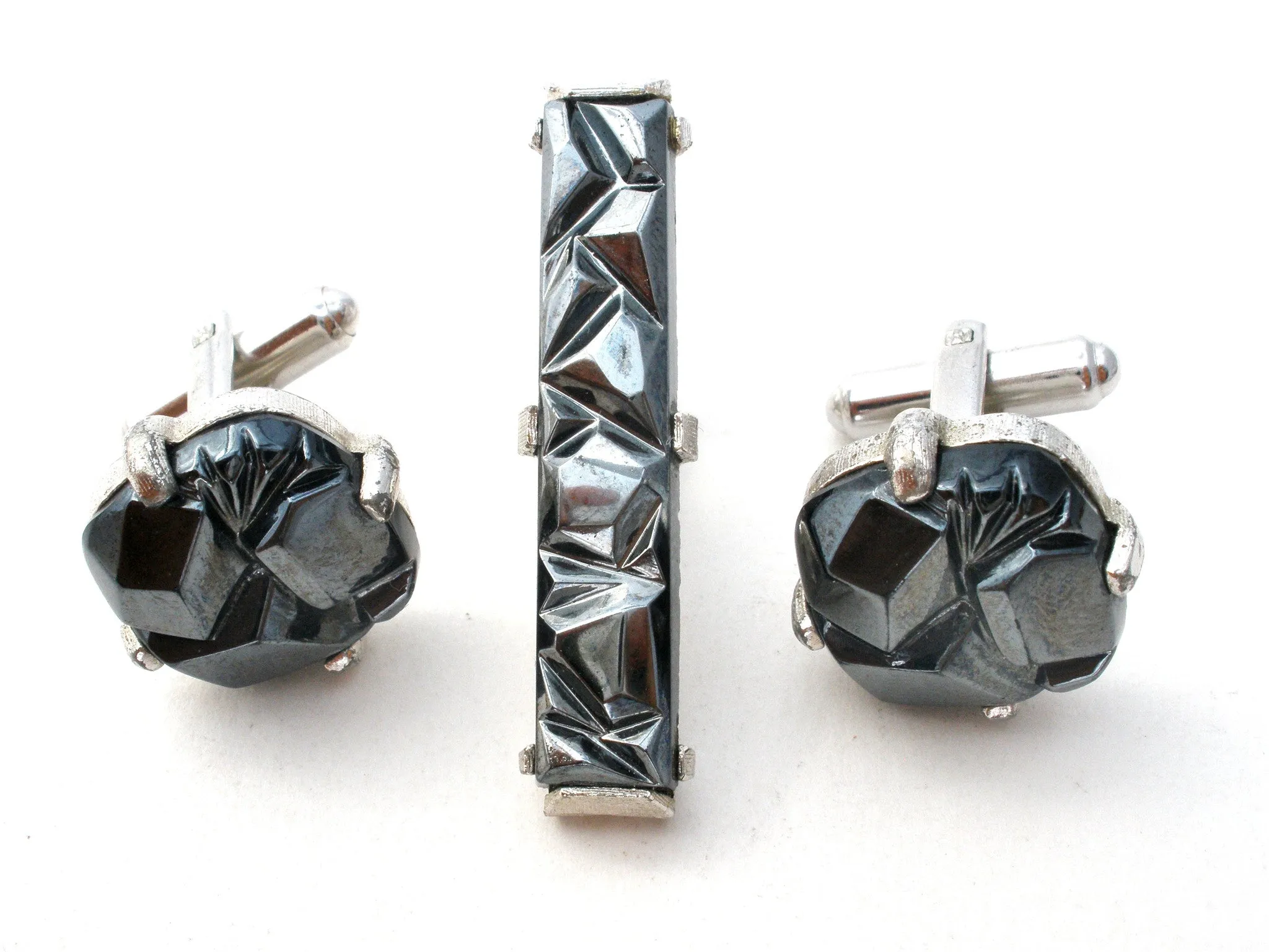 Sarah Coventry Hematite Cufflinks & Tie Bar Set Vintage