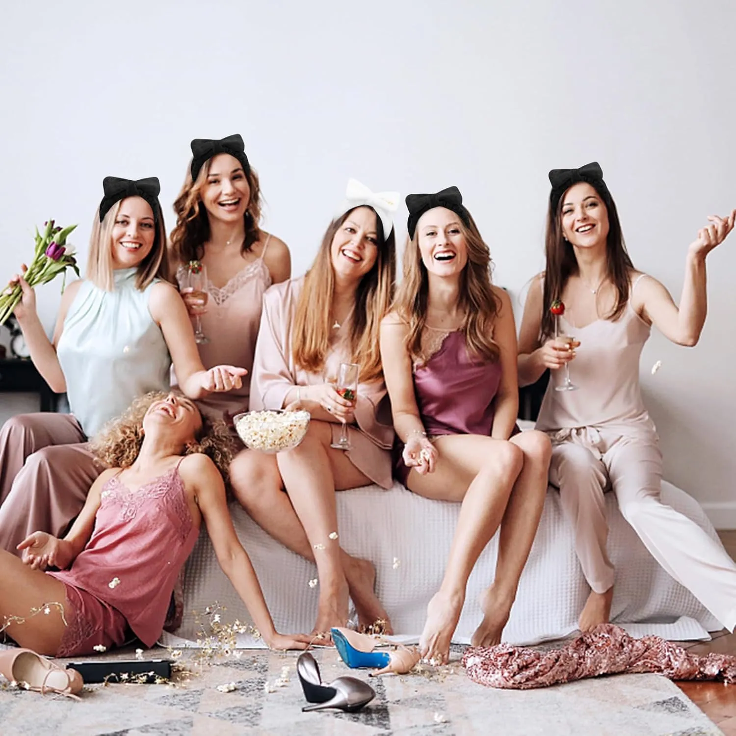 Semato Bachelorette Party Favor Set Bride Spa Headband Bride Headband and Bridesmaid Headband Skincare Headbands for Women Cute Bow Head Bands Party Supplies (1 bride  7 black)