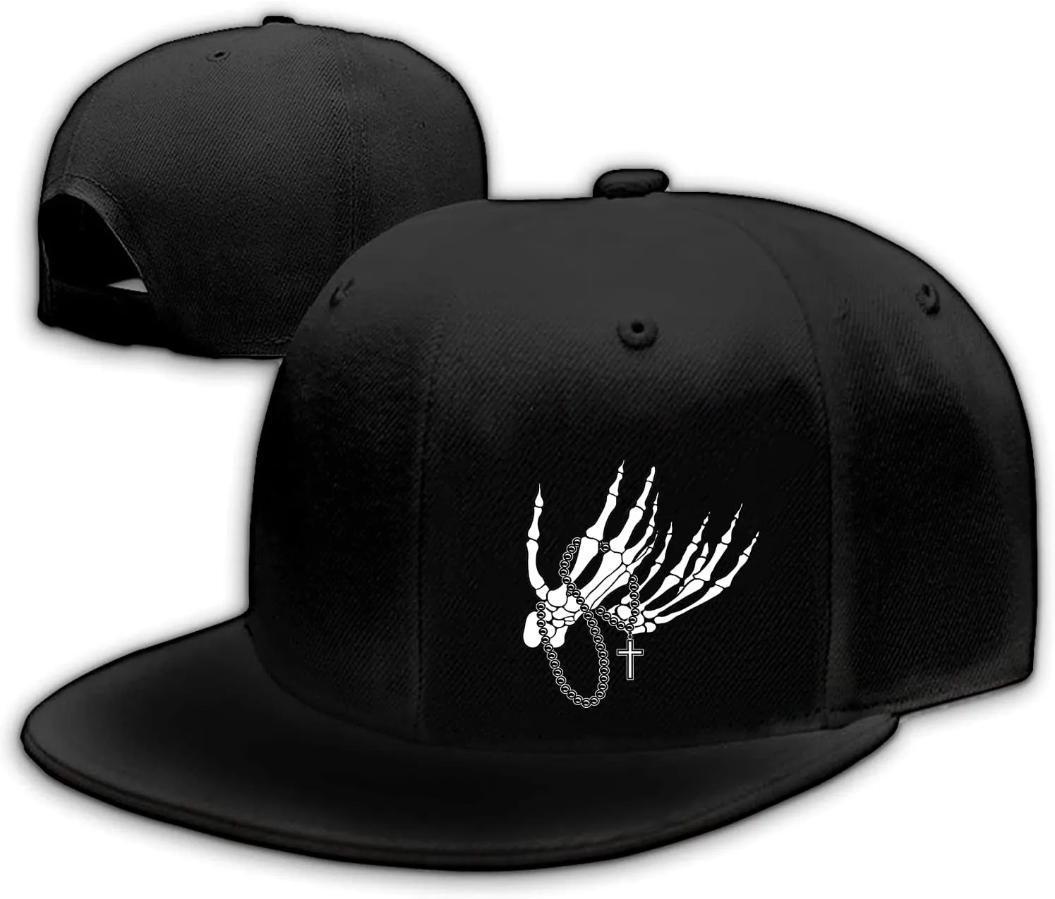 Snap Backpack Hat for Men Skull Hat Snapback Hats Flat Bill Baseball Cap Adjustable Skeleton Hand Black