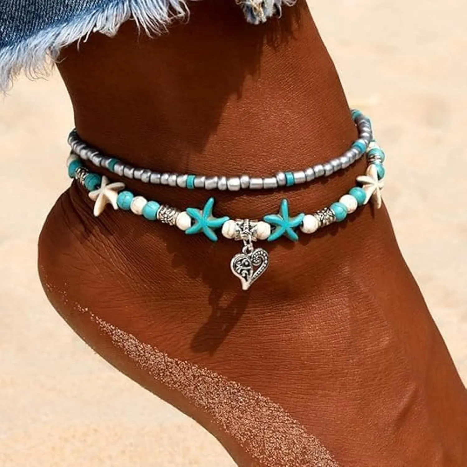 Starfish Anklets for Women Beaded Starfish Turtle Anklet Waterproof Stretch Ankle Bracelets Boho Beach Jewelry Beachy Anklets for Women Waterproof
