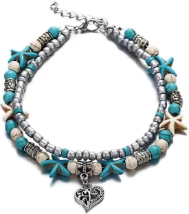 Starfish Anklets for Women Beaded Starfish Turtle Anklet Waterproof Stretch Ankle Bracelets Boho Beach Jewelry Beachy Anklets for Women Waterproof