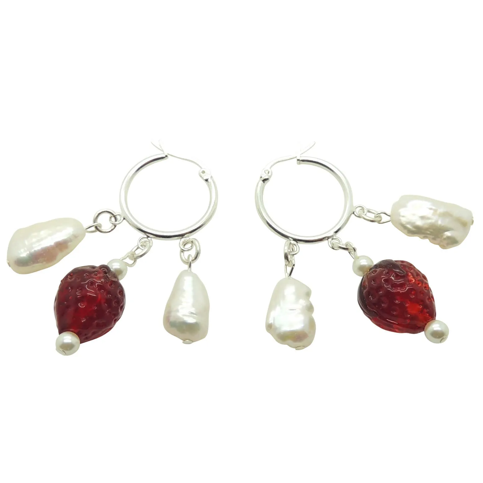 Strawberries and Cream Freshwater Pearl Charm Trio Hoop Earrings