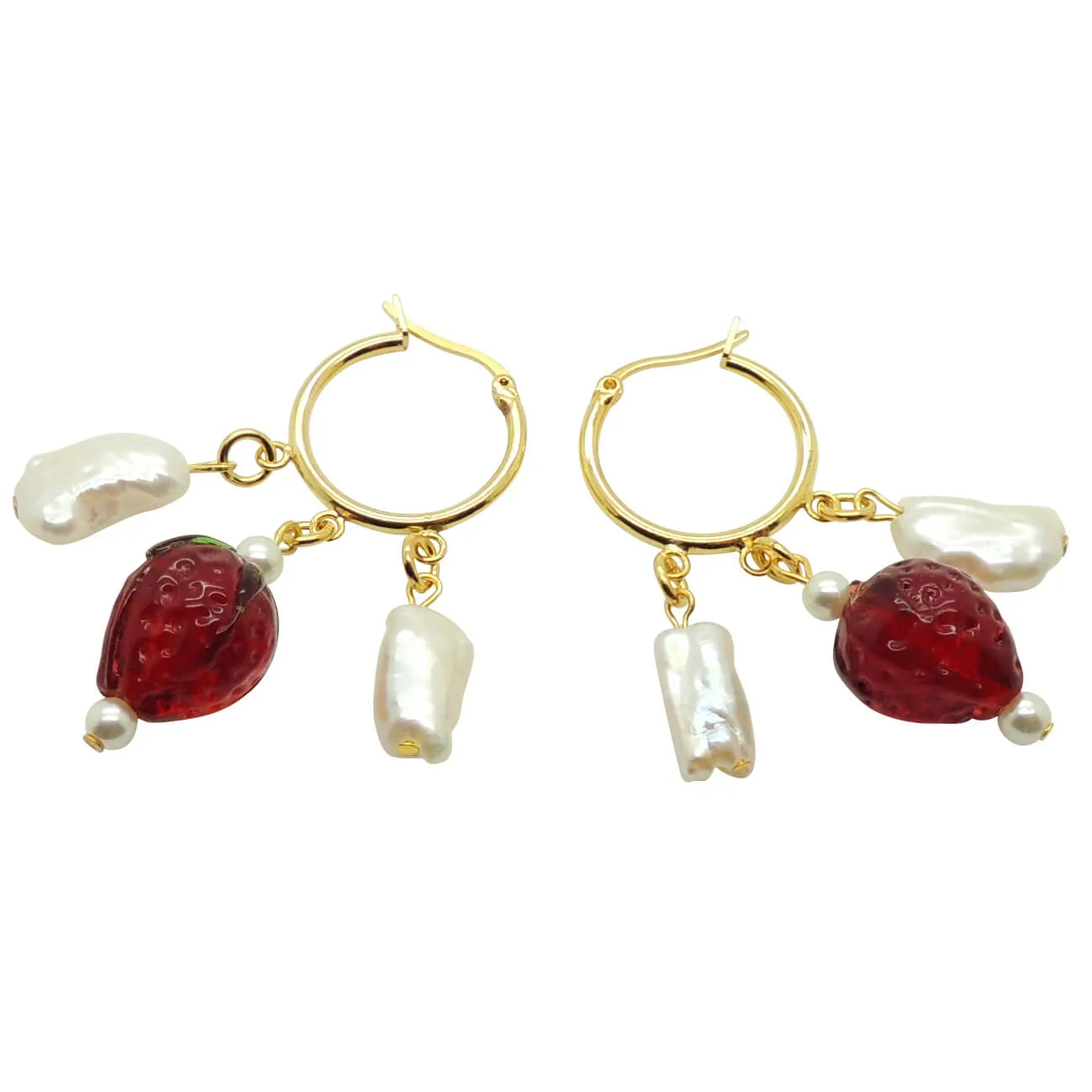 Strawberries and Cream Freshwater Pearl Charm Trio Hoop Earrings