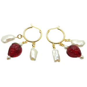 Strawberries and Cream Freshwater Pearl Charm Trio Hoop Earrings