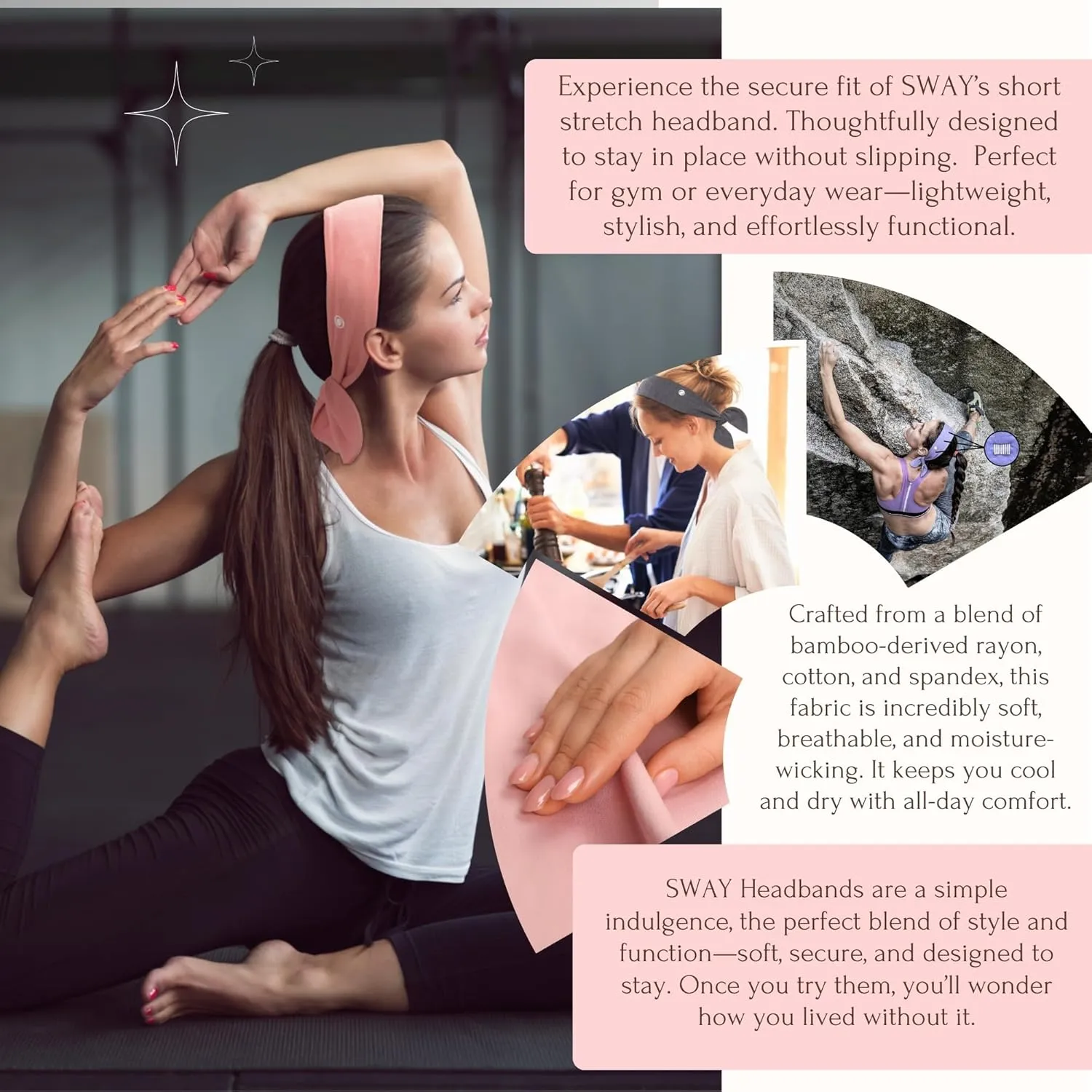 SWAY Patented 6- Clip Non Slip Stretchy Headbands for Women - 32"x 2.5??- Many Cute Ways to Style - Soft Moisture-Wicking Cloth Athletic Sweat Headbands for Gym, Yoga, Workouts, Running and Nurses